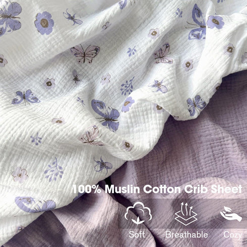 2 Pack, 100% 52x28 inches, Little Grape Land Muslin Crib Sheets Fitted for Boys and Girls Cotton Baby Bed Sheets Soft