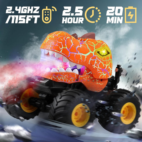 1:20 360 4-7 BEZGAR Monster Truck Toys - Remote Control Monster Truck with Spray, Light, Music, Dinosaur Toys for Kids