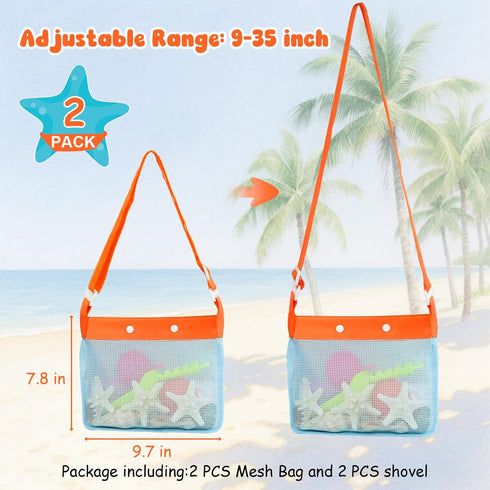 2 2 PCS Beach Mesh Shovel Sand Sifters with PCS Mesh Beach Bag, Shark Tooth Sifter for Shell Collecting, Filter Sand