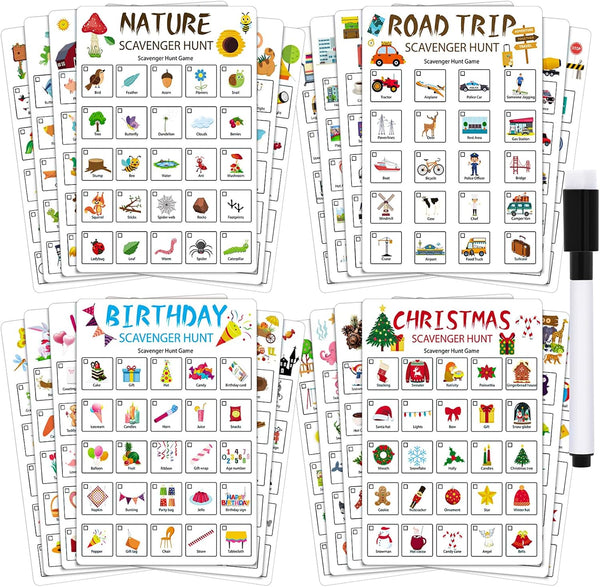 Hoolerry 12 Pcs Scavenger Hunt Game for Kids and Family - 24 Themed Cards with Dry Erase Marker for Outdoor Fun