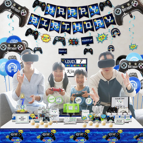 Video Game Party Decorations for 7th Birthday, HAPPY BIRTHDAY Banner, Balloons, Gaming Supplies