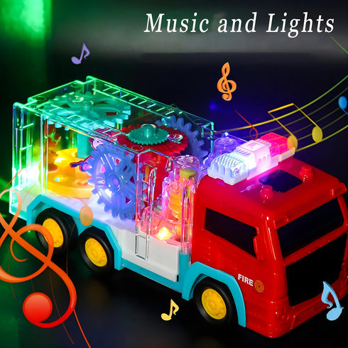 Light Up Sensory Car Toy for Kids, Transparent Gear Fire Truck with Colorful Moving Gears, Music and Lights