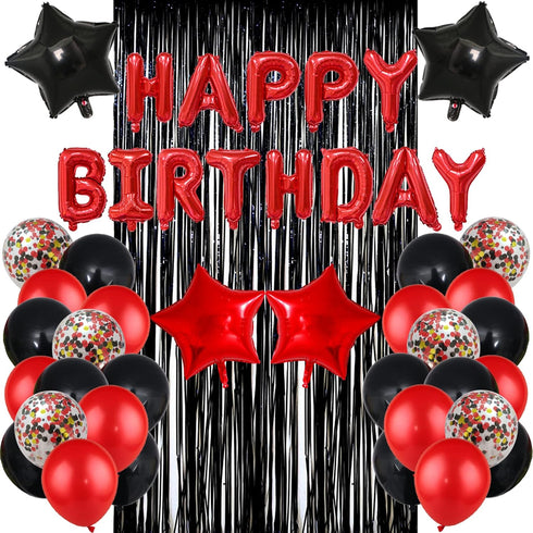 Red Black Birthday Party Decoration Kit - Happy Birthday Banner, Latex Balloons, Fringed Curtain, Confetti