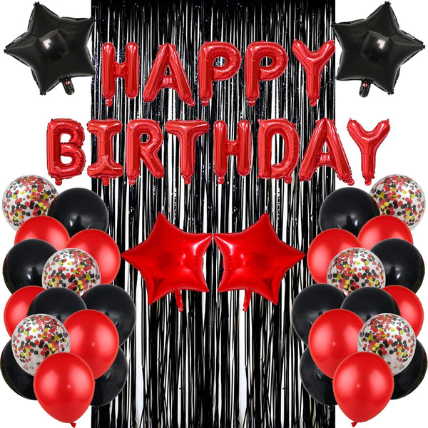 Red Black Birthday Party Decoration Kit - Happy Birthday Banner, Latex Balloons, Fringed Curtain, Confetti