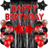 Red Black Birthday Party Decoration Kit - Happy Birthday Banner, Latex Balloons, Fringed Curtain, Confetti