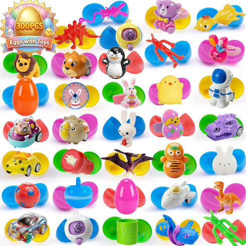 SQZUWIT 300 Pcs Prefilled Easter Eggs with Toys Inside, Pre Filled Easter