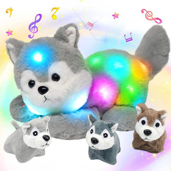 Hopearl LED Musical Stuffed Husky - Singing Plush Toy Playset with 3 Baby Puppies, 17''