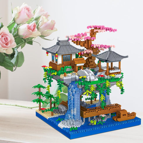 LQPFBSM Sets 2500 Cherry Blossom Treehouse Micro Mini Building Block Japanese Bonsai Tree Peach Blossom Pool