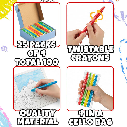 100 Pack (25 Sets 4) Twistable Crayons Bulk of - Non-Toxic, No-Sharpen Mess-Free Color Crayons for Kids, Party Favors
