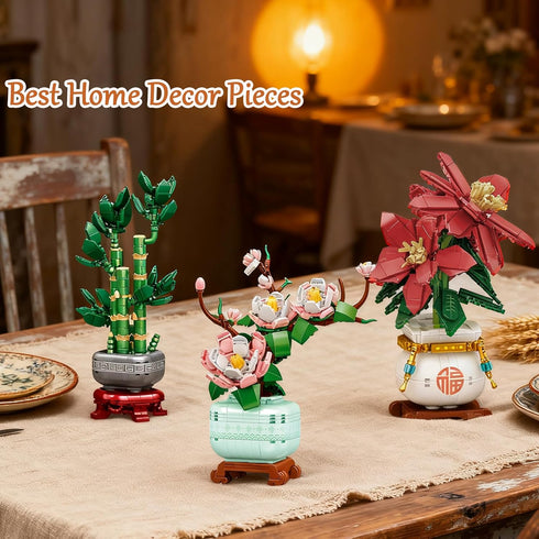 USVillGO 3 Set, Poinsettia-Pink (1576PCS) Botanicals Bonsai Flowers Building Blocks Lucky Bamboo-Red Orchid Artificial