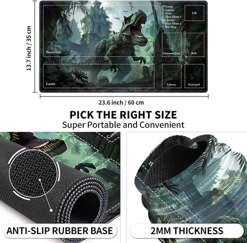 Playmat with Zones for MTG Card Game, 24"x14" Tabletop Magic Play Mats for Beginner, Dinosaur T-Rex in Jungle