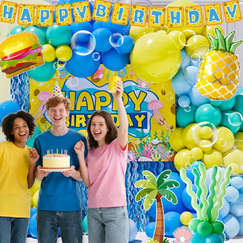 Daidle 153Pcs Setup Sponge Birthday Decorations Kit - Under the Sea Party Supplies with Balloon Arch, Backdrop & Video