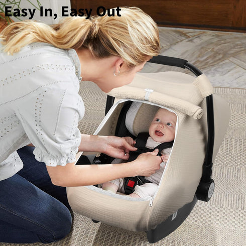 Summer Rquite Car Seat Cover Baby, Carseat Covers Girl Boy, Breathable Muslin Cotton, Large Mesh Window, Infant Car