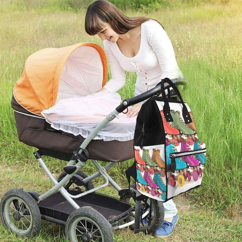 FHEDVBN Backpack Mummy Backpacks Daypack Retro Colorful Roller Skates Diaper Bag for Women Multifunction Waterproof