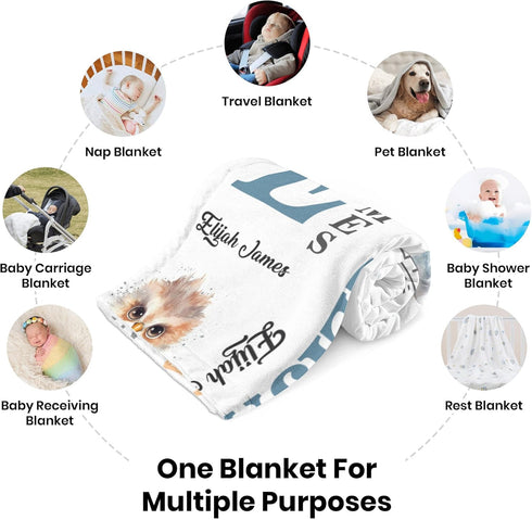 Novusopt Custom Blanket with Name Owl Blanket Personalized Baby Blankets for Girls Boys Receiving Baby Blanket Baby Boy