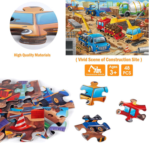 Puzzles,48 3-5,Children 4-8 Jumbo Floor Puzzle for Kids,Construction Site Jigsaw Large Piece Construction Vehicle