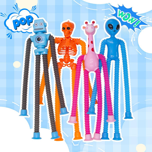 8Pack (8 Pack Pop Tubes Skeleton Fidget Toys for Kids, Robot Fidget Pop Toys Telescopic Suction Cup Toy for Stress