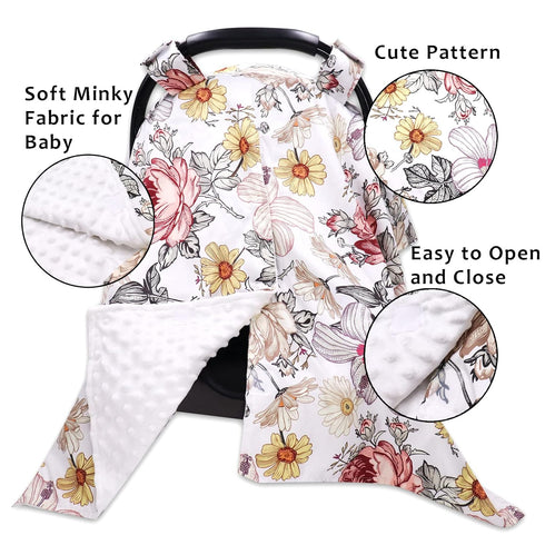 Floral Baby Car Seat Canopy Soft Plush Dotted Backing Baby Car Seat Cover Girls, Infant Carseat Canopy, Stretchy Multi