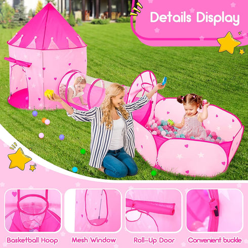 PigPigPen 3pc Kids Play Tent - Princess Tents with Ball Pit, Crawl Tunnel for Toddlers, Indoor & Outdoor Playhouse Toys