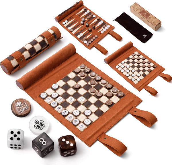 Woodronic 3 in 1 Travel Chess Set, Roll-up Leather Backgammon with 32 Premium Pearl Pieces, 5 Dices, Portable 13x10 Inch
