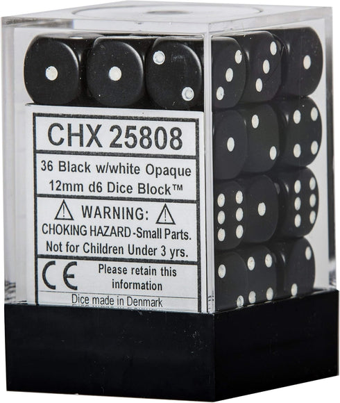 Black with White Dice Block, 12mm D6, Pack of 36