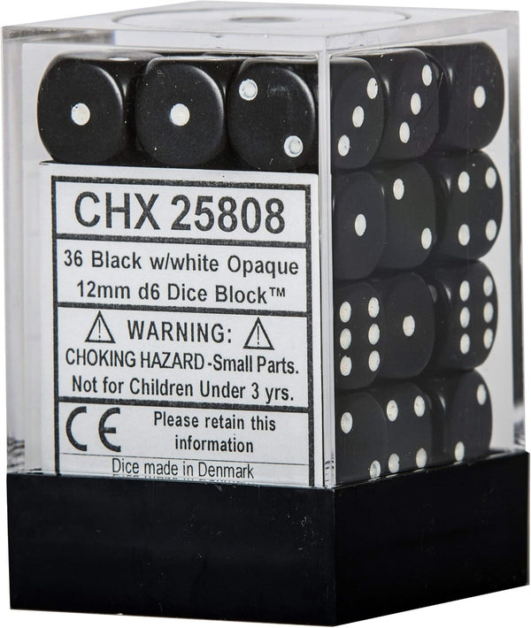 Black with White Dice Block, 12mm D6, Pack of 36