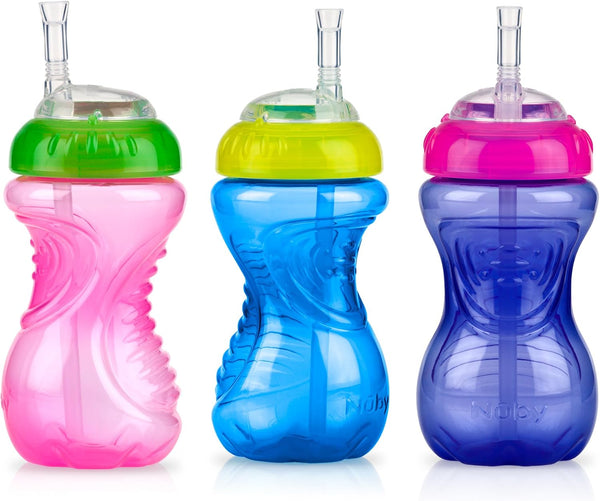 Nuby No-Spill Soft Straw Easy Grip Sippy Cup for Girls - 10 Oz, 3-Pack, 12+ Months