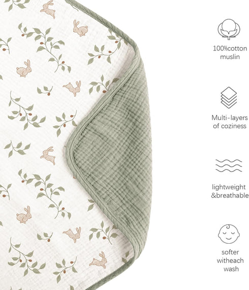 100% 40"x36"Rabbit Konssy Muslin Baby Blankets for Girls Boys, Cotton Crib Blanket for Baby Infant Toddler, Super Soft
