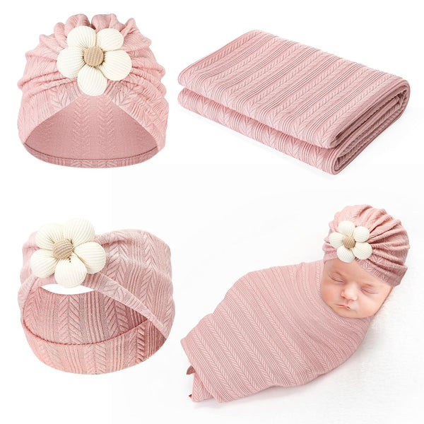 Baby Girl Blankets Newborn Set, 3 Pieces Receiving Blanket with Flower Headbands for Infant Toddler Kids
