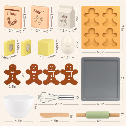 Set, 18 Set 3+ Pillowhale Wooden Gingerbread Cookie Baking Pcs Pretend Play Kitchen Toy with Whisk, Bowl, Tray, Rolling