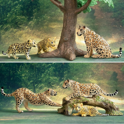 Toymany 7PCS Jaguars Figurines with Jaguars Cub and Tree Trunk, Realistic Jungle Animals Family Playset