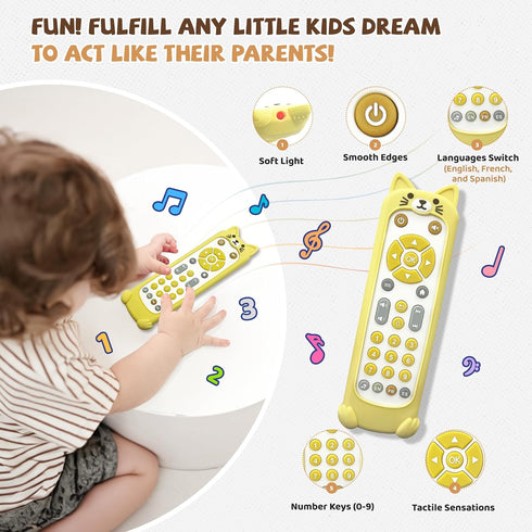 3 50+ 6-18 FLAMDYNO Baby Remote Control Toy with Cat Silicone Teether Cover - Language Learning Toy