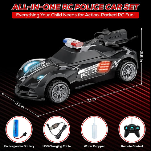 Remote Control Police Car Toy with Smoke Effect & LED Lights, Fast Rechargeable RC Car for Kids, Anti-Slip Rubber