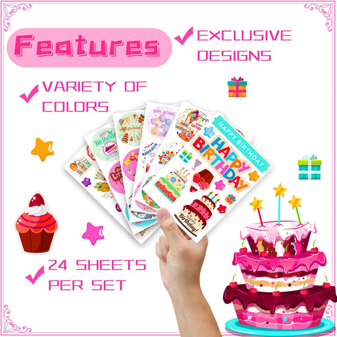 Large Birthday Stickers, 24 Sheets Happy Birthday Stickers for Kids, Classroom, Cake Stickers