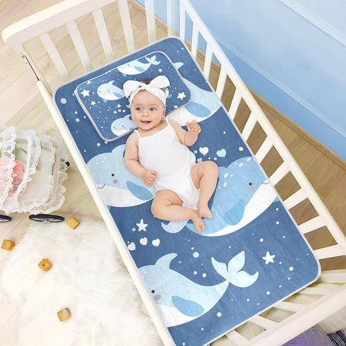 SyXIOP 28" 52" Cute Blue Whales Cooling Baby Waterproof Crib Mattress Cover x Washable Pee Pads for Kids, Adult