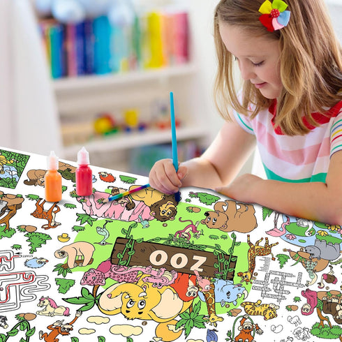 Poster,35x72Inch Drunze Giant Coloring Zoo Animal Activity Drawing Paper Coloring Table Cover,DIY Zoo Poster Table
