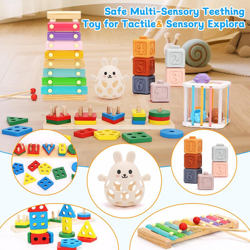 FlufiFiea 6-18 5-in-1 Set 1-3 Baby Toys for Months, Montessori Educational Toy with Soft Teething Toy Stacking Blocks