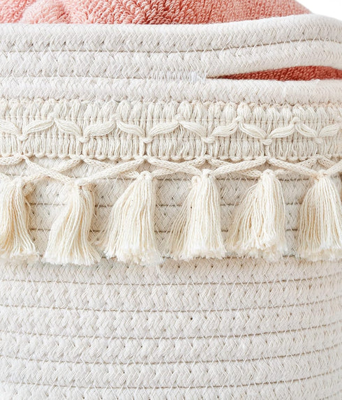 Closet 15.7"x19.6" Mkono Macrame Decorative Cotton Rope Basket Boho Nursery Decor Small Cute Woven Tassel Storage Bins