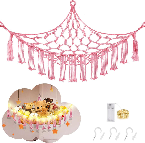 CERETIA Stuffed Animal Hammock with LED Light, Large Stuffed Animals Storage Corner Plushie
