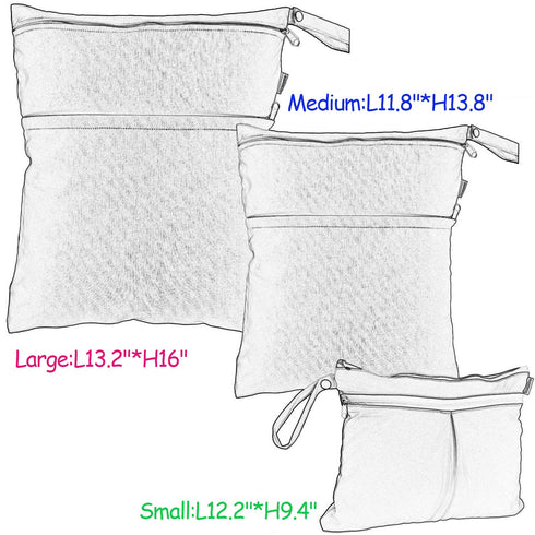 3Pcs Damero Wet Dry Bag for Cloth Diaper, Swimsuit, Clothes, Ideal for Travel, Exercise, Daycare, Roomy