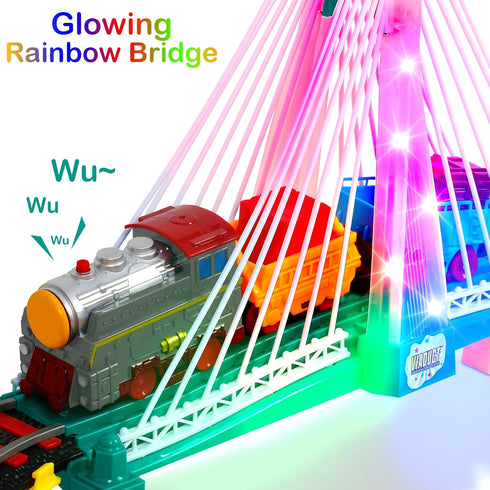 Vunrahsg Set 4-8 Set Playset 4 5 6 7 8+ Electric Train for Kids Ages with Train Tracks & Car Tracks Lights Up Bridge