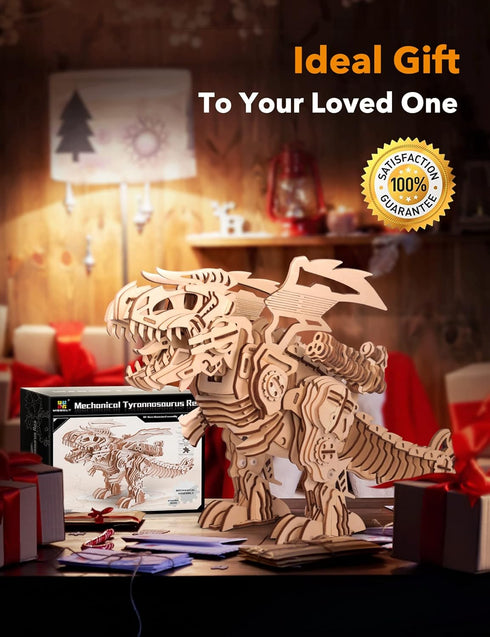 MIEBELY 3D Wooden Puzzles for Adults, T-Rex Dinosaur Model Kits that Walk and Roar, Mechanical Dinosaur Toys for Kids