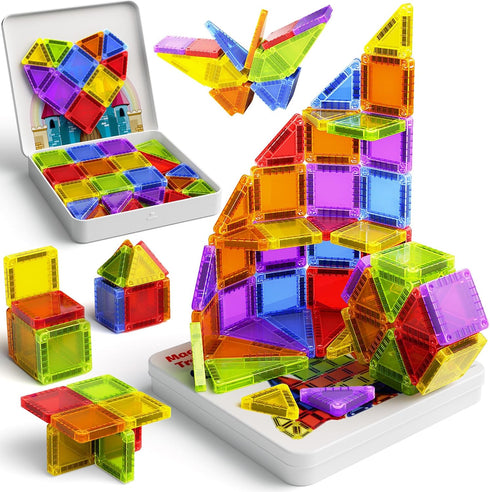 Niukdier Magnetic Tiles Mini Travel Toddler Set 60pcs Magnetic Blocks Building Kids Toys,