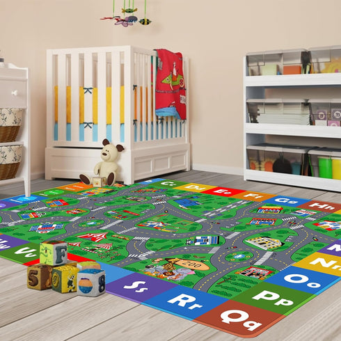 Mishareal Kids Play Mat, Super Soft Car Track Rug, ABC and Shapes Educational Playmat, Non-Slip City Road Traffic