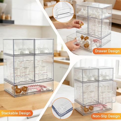 5 Pack Countertop MINMUNJIU Baby Bottle Organizer, Clear Space-Saving Stackable Drawer with Handle, Baby Bottle Storage