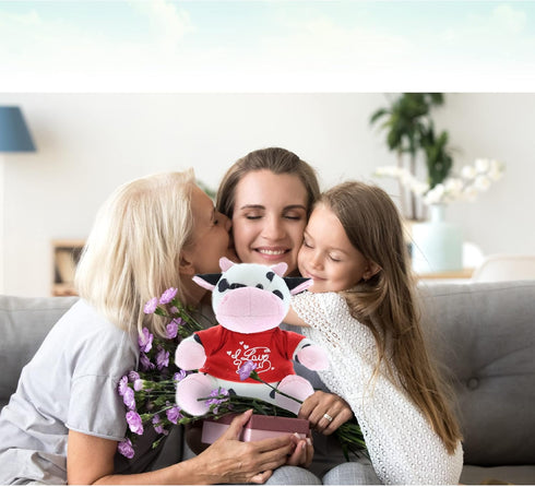 DolliBu I Love You Valentine Plush Cow, 6 Inches, Cute Stuffed Animal with Red Shirt, Personalization Gift
