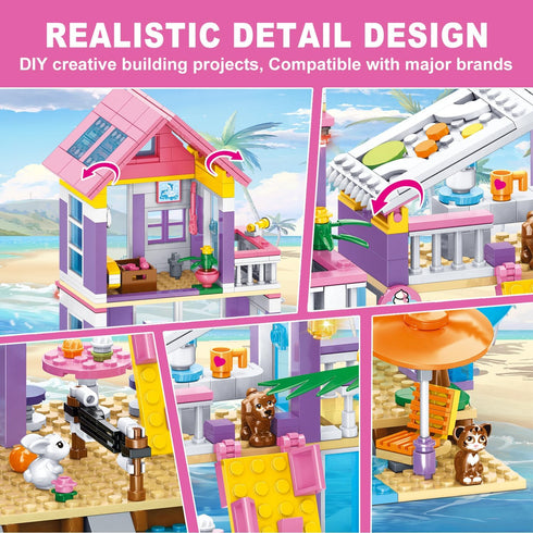 955 Set,Seaside Set,STEM Helicopter,Yacht,Sailboat,Christmas 6-12+ WINGIFT Piece Beach House Building Beach Villa