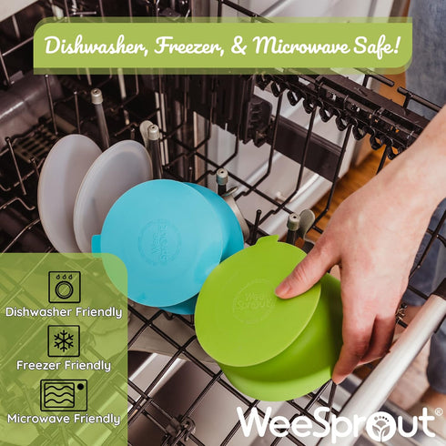 WeeSprout Suction Bowls for Baby & Toddlers (Set of 2) - 100% Silicone with Plastic Lid, Leak Proof, Dishwasher &