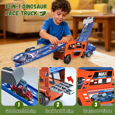 3-5 6 3 1 2 3 4 5 6 Dinosaur Truck Toys for Kids - Transporter Carrier Truck with Die-Cast Cars Toys, in Truck