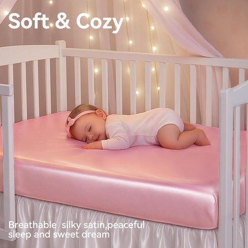 2 Pack 52x28x8 Satin Crib Sheets Girl, Silky Baby Sheet Great for Sensitive Hair, Fitted Toddler Bed Cover (Pink